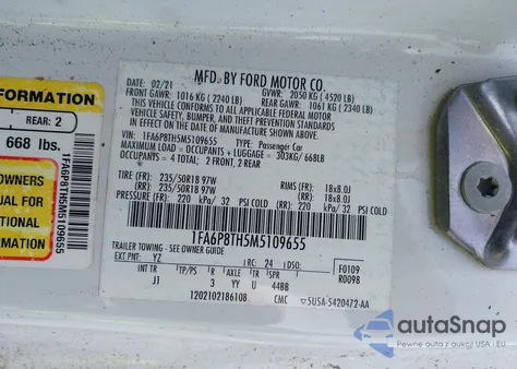 2021 Ford Mustang Ecoboost Premium Fastback z USA, uszkodzony, nr VIN 1FA6P8TH5M5109655